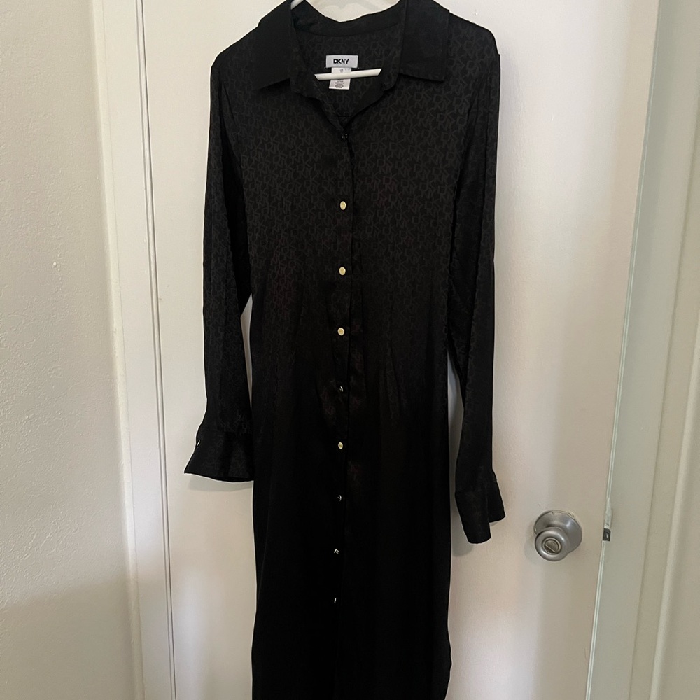 DKNY Black Long Button-Front Shirt Dress